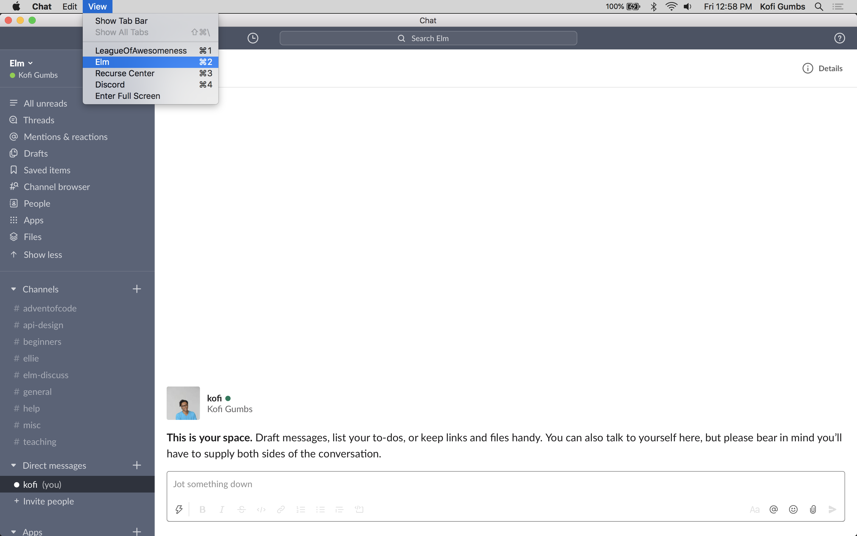 Multi app (Chat) screenshot. The cursor has pressed the macOS View menubar item, which shows a dropdown that includes Slack workspaces, a Zulip instance, and a Discord server.